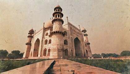 Wallpaper texted Taj Mahal in Agra, Uttar Pradesh, India.  double exposure contemporary style minimalist artwork collage 
