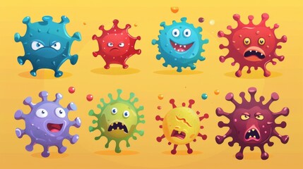 Fototapeta premium Cartoon set of Coronavirus elements, used as viruses, bad germs or stains, isolated on a yellow background