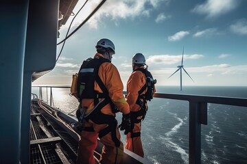 workers on a windmill in a wind farm the sea --ar 3:2 --stylize 250 --v 5 Job ID:...