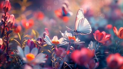  Butterflies dancing among vibrant blooms, their delicate wings adding a whimsical charm to the spring garden. 
 - obrazy, fototapety, plakaty