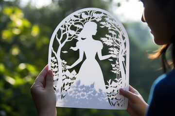 A woman holding a paper cutout of a girl in a dress
