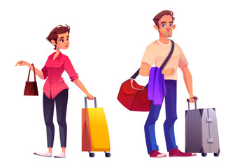 People with suitcase travel by airplane or train. Cartoon vector illustration set of young man and woman carrying luggage. Vacation or business male and female travel passenger with baggage bag. - obrazy, fototapety, plakaty