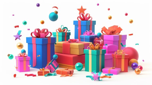 Set of 3D renders of open and closed gift boxes isolated on white background. Colorful illustration of square packages for holiday presents decorated with ribbon bows.
