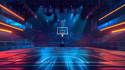 Modern illustration of a basketball court with a scoreboard and empty seating areas illuminating with color lights, along with a scoreboard with match results on it.