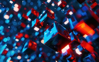 glowing blue cube abstract background , 3D abstract background, many cubes with neon blue light,science technology concept