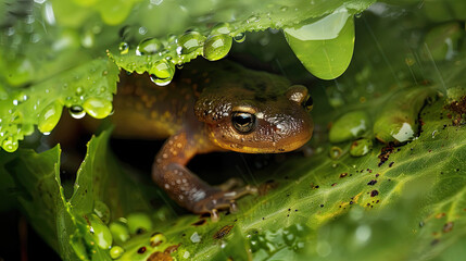 A glistening newt emerges under a leaf dotted with fresh raindrops in a vibrant forest.