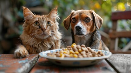 Hungry Dog and cat looking to food on table. Pet food concept - obrazy, fototapety, plakaty