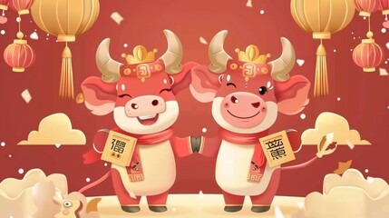 Naklejka premium The Chinese zodiac sign ox is symbolized by cute cows holding square couplets during a party. Translation: Happy lunar new year!