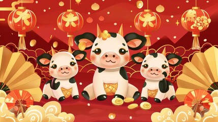 Hand drawn background of Chinese New Year 2021 concept of year of the ox with three cute cows and gold coins. Translation: Ring in the lunar new year with these cute cows and coins.