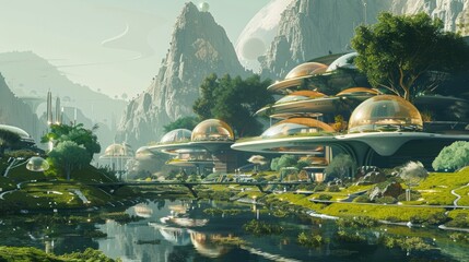 The outskirts of a solarpunk city where innovative water purification systems are integrated into living spaces, mimicking natural landscapes - obrazy, fototapety, plakaty
