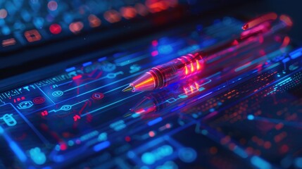 Obraz premium A cyberpunk-themed pen with neon lights, syncing data to a holographic notebook in a dark, urban tech lab