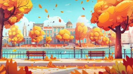 Fototapeten In this cartoon modern illustration of an empty public garden, orange leaves are flying in the air and yellow foliage adorns the trees. The city streets of autumn are dotted with yellow leaves on © Mark