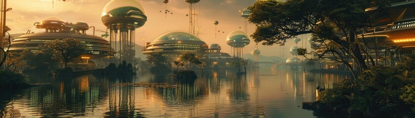 A serene riverside in a solarpunk city, with floating bio-domes and algae bioreactors glowing in the twilight