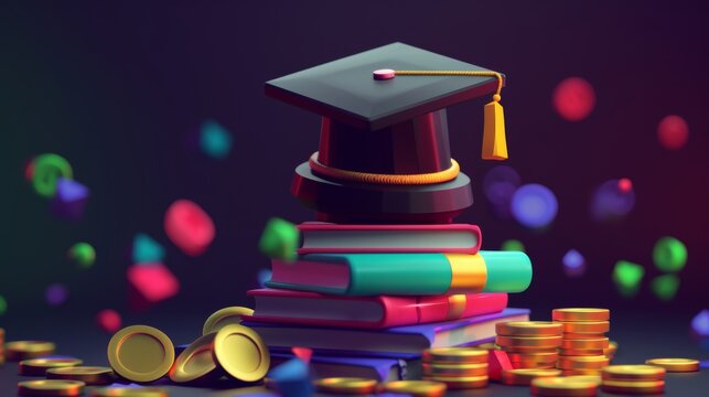 An academic cap sits atop a stack of books and money. An investment in education. A black graduation cap with a tassel sits atop a pile of books alongside golden coins. Symbol of education and