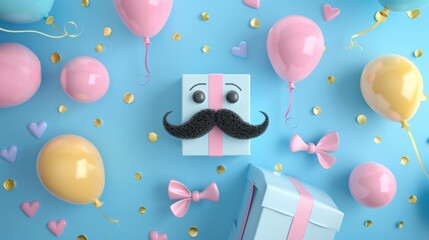 A 3D Happy Father's Day background with a mustache, a gift box and balloons viewed from above. The concept is one of love and gratitude for fathers.