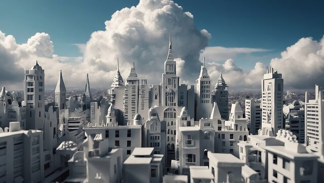 City concept made from paper The atmosphere is in the clouds, feeling bright.