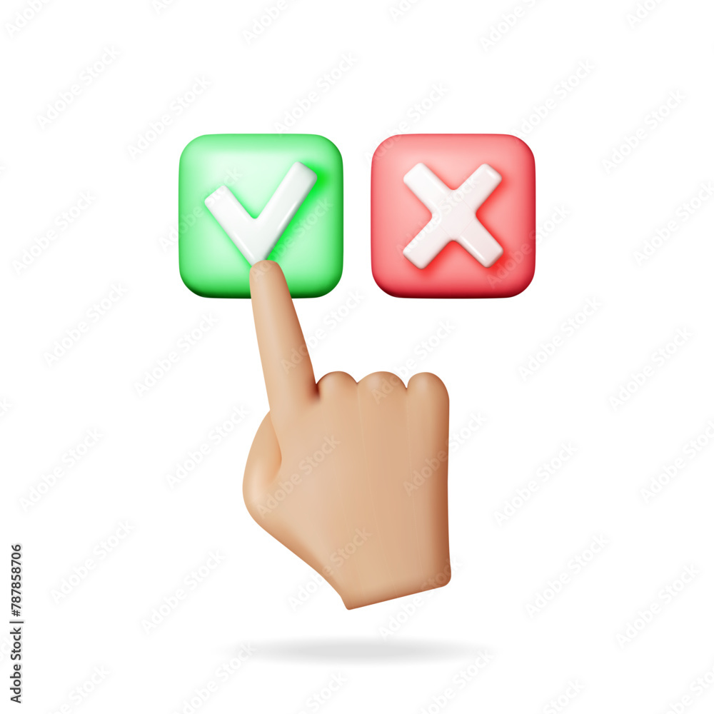 Aufkleber 3d right and wrong button shape and hand. green yes and red no correct incorrect sign. checkmark tic