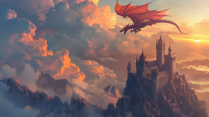 Dragon flying over an ancient castle at twilight, orange sky and mountains in the background, fantasy art style, detailed and vivid - obrazy, fototapety, plakaty