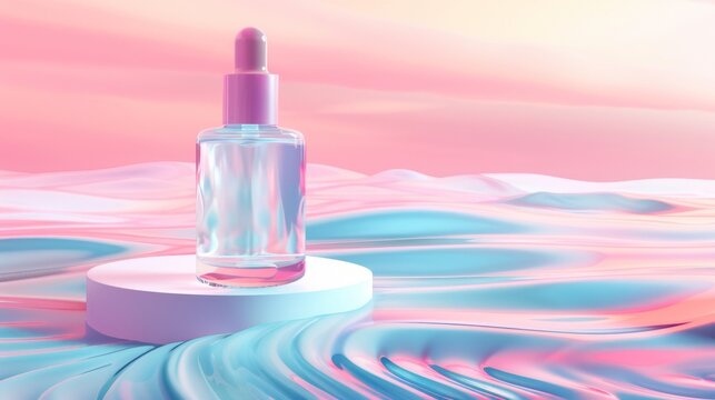 An advertisement for a 3D hydrating moisturizer featuring an illustration of a cosmetic droplet bottle on a podium floating over wavy ripple water
