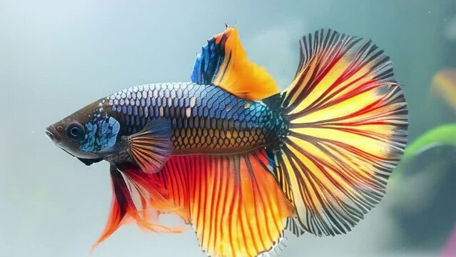 A fish with a red tail and blue body 4K motion