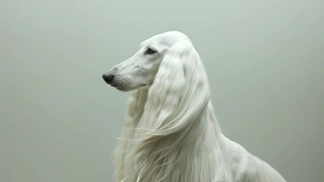 A white dog with long hair is standing in front of a gray wall 4K motion