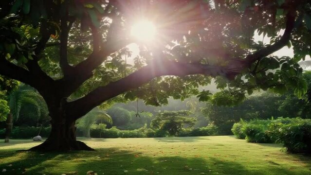 A large tree casts a shadow on a lush green field 4K motion