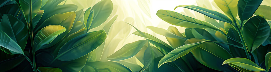 Sunlight tropical calathea plant leaves in green and gold hues, Sunny jungle plants flora background