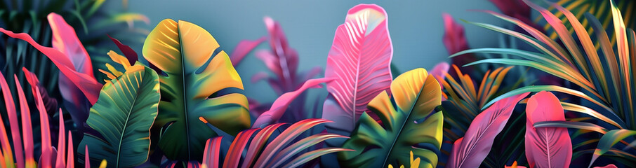 Vibrant lush summer tropical plants vibe background, Exotic plant paradise backdrop with colorful neon leaves