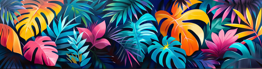 Vibrant tropical monstera jungle plant background, colorful botanical lush summer rainforest foliage