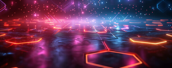Futuristic hexagonal neon network glowing surface, technology and connectivity concept virtual world