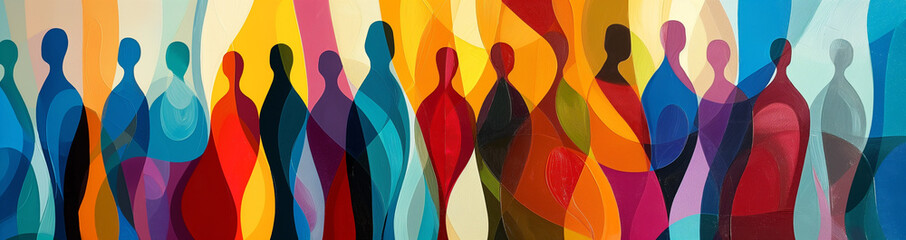 Abstract human figures in colorful diverse pattern, minimalist artistic symbol of diversity, community, humanity