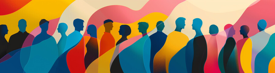 Silhouette of diverse human figures with colorful abstract overlay, diversity community humanity psychology concept