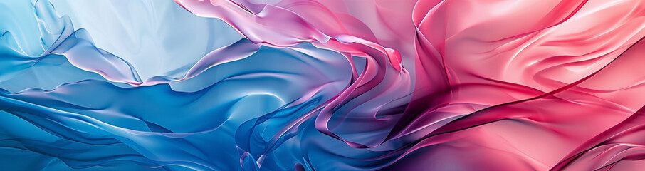 Fluid abstract glass smoke ripple in blue and pink background, satin silk texture soft waves backdrop, elegant illuminated wave fabric
