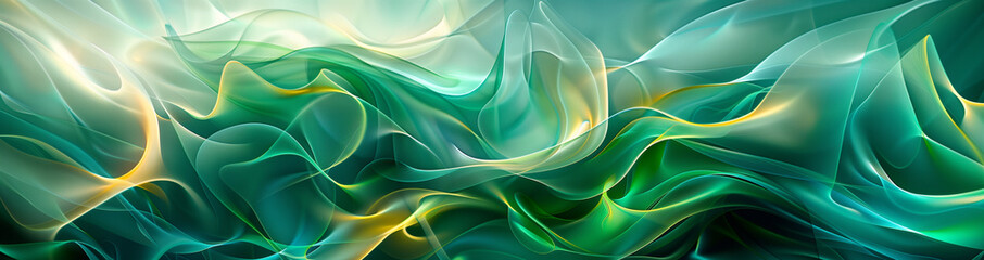 Fluid abstract smoke waves in turquoise and gold, flowing elegant green energy background