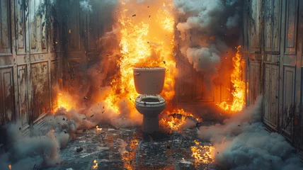 Deurstickers an office toilet cubicle in flames after being hit by a tank shell.generative ai © JKLoma