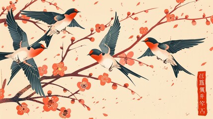 The illustration of a swallow flying among the tree branches is a symbol of happiness and auspiciousness. Text of happy Chinese New Year is in Chinese in the middle of the card.