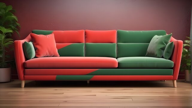 Red and green couch: High definition (8K) stock photo