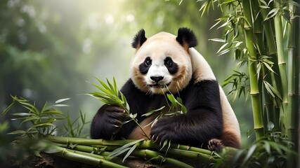 Massive panda consuming bamboo HD 8K wallpaper Stock Photo - obrazy, fototapety, plakaty
