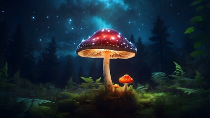 luminous mushroom in the night sky, a mushroom in the forest