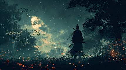 Fototapeta na wymiar The terrifying ronin stands in the forest at night, generative Ai