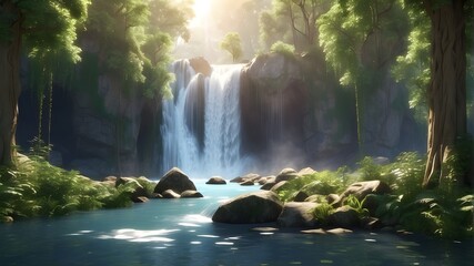 Gorgeous 3D nature and environment wallpaper featuring a sun-rayed waterfall in a forest - obrazy, fototapety, plakaty