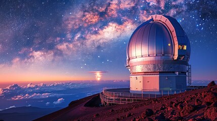 Fototapeta na wymiar A large telescope is on a hill with a beautiful sunset in the background
