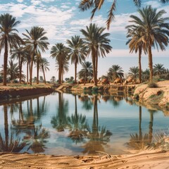A beautiful scene of a palm tree forest with a body of water in the background