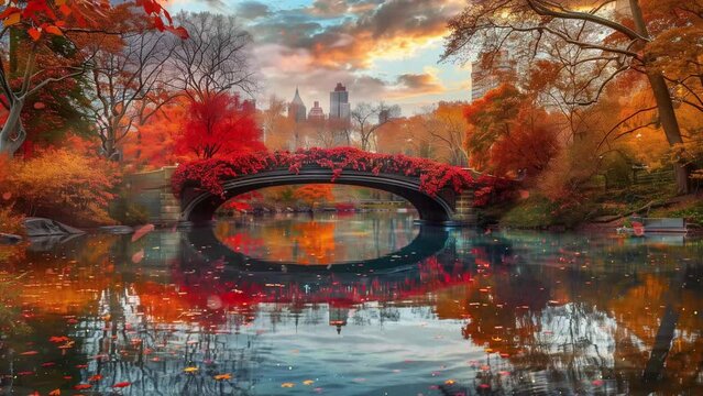beautiful autumn panorama  with reflection in a city  park. seamless looping overlay 4k virtual video animation background