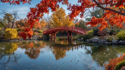 Fototapeta premium A bridge spans a body of water with a view of autumn leaves