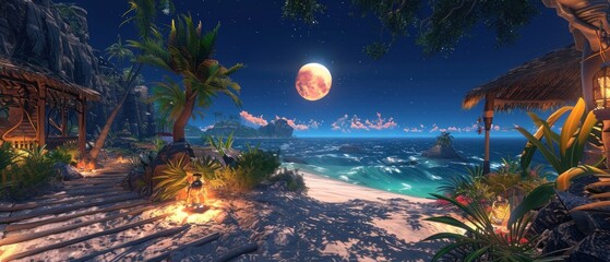 A beautiful beach scene with a large red moon in the sky