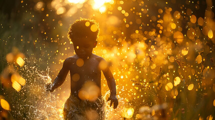 A child with dark skin, overweight body type, shaved head hair, dressed in boho-chic attire, child is running through a sprinkler on a hot day.

