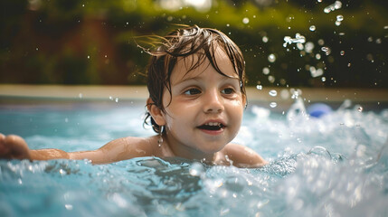 Fototapeta na wymiar A little boy playing in a pool, splashing, summer, commercial photography