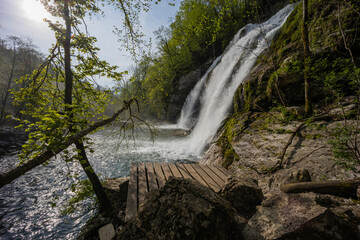 Bovec, Slovenia. Visje waterfalls. Nature trail crystal clear, turquoise water. easy trekking,...
