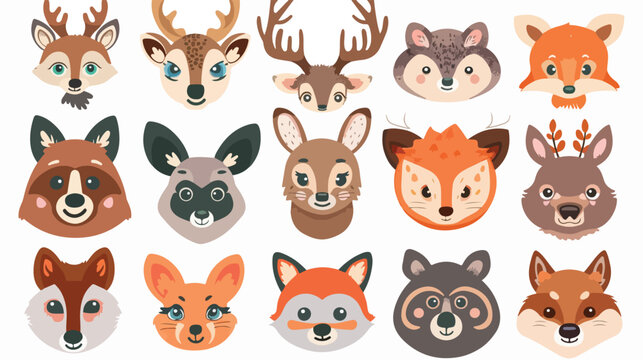Forest animals. Cute animal faces. Colored vector set